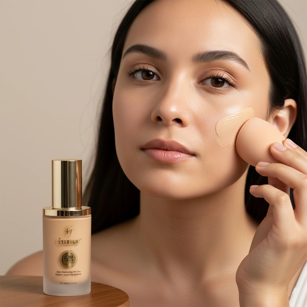 Applying Femmac foundation with a makeup sponge