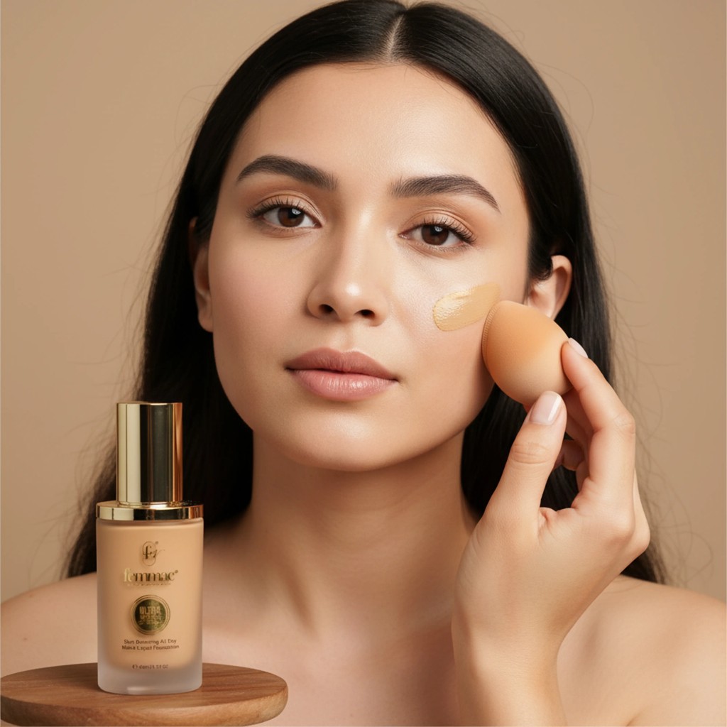 A close-up of Femmac foundation being blended into skin