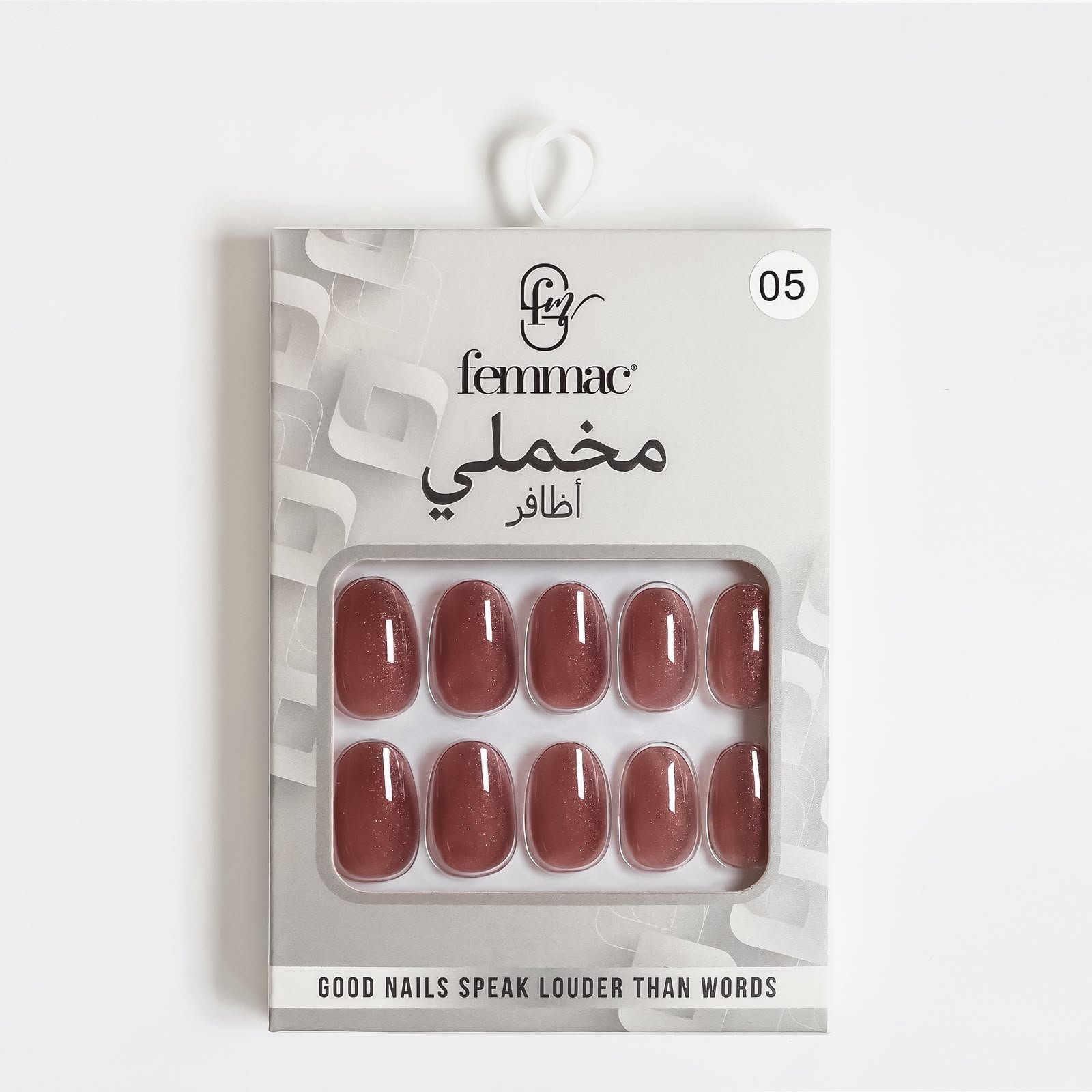 Femmac Rosewood Brown Glossy Press-On Nails – Shade 05